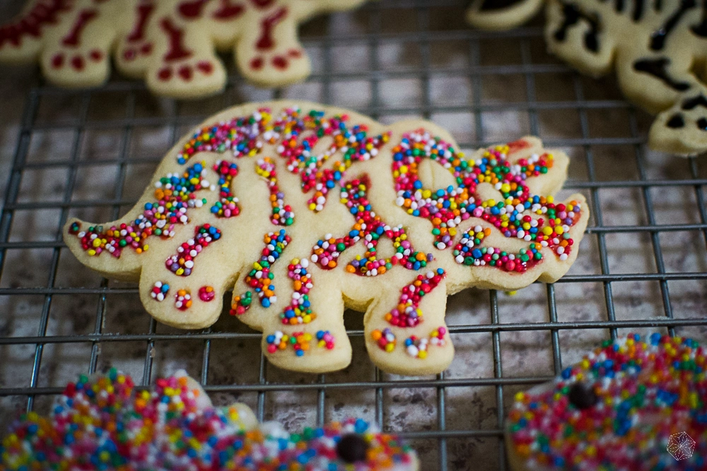 A dinosaur sugar cookie with sprinkles. Making fun cookies at the holiday instead of perfectly made cookies can be a great way to add some fun and reduce stress. Marble Wellness is here for you and offers counseling in STL and Chicago.