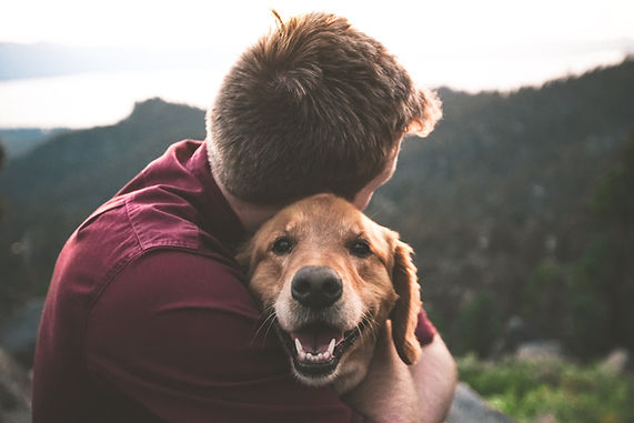 A man hugging his dog with mountains in the background. The loss of a pet can lead to intense grief and the therapists at Marble Wellness in STL can support you.
