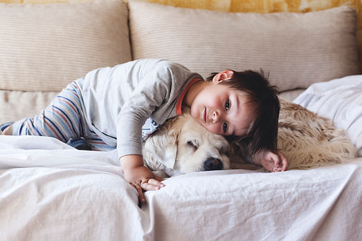 Young boy hugging his dog on a couch. Marble Wellness is a counseling practice in St. Louis, MO 63011 that specializes in grief and loss.