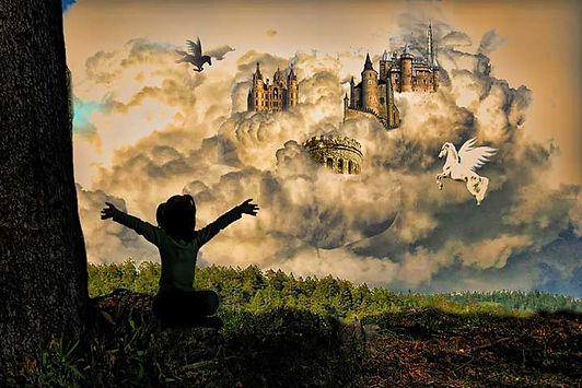 A child sitting under a tree imagines a magical world with castles and unicorns. Marble Wellness therapists in Missouri offer therapy to children and parents for anxiety, depression, grief, chronic illness, life transitions, maternal mental health, therapy for men, and couples counseling.