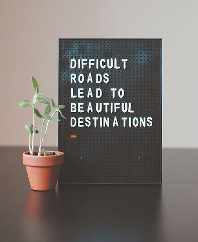 A plant sits next to a sign that says Difficult Roads Lead to Beautiful Destinations. Men can find a therapist at Marble Wellness in St Louis, MO that specializes in counseling for men.