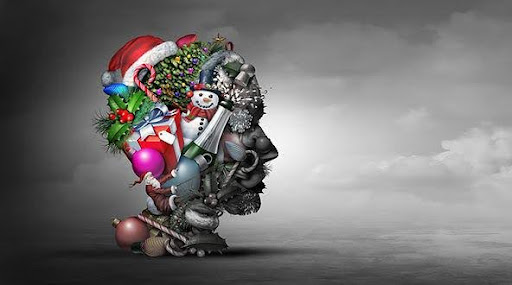 A drawing of person's head filled with all the Christmas activities showing how overwhelmed the holidays can be. Learn more about depression from a St. Louis counselor.