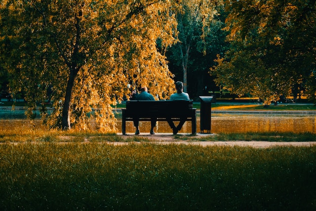 Two men sitting on a bench overlooking the park at Fall time. Marble Wellness offers park therapy in West County.