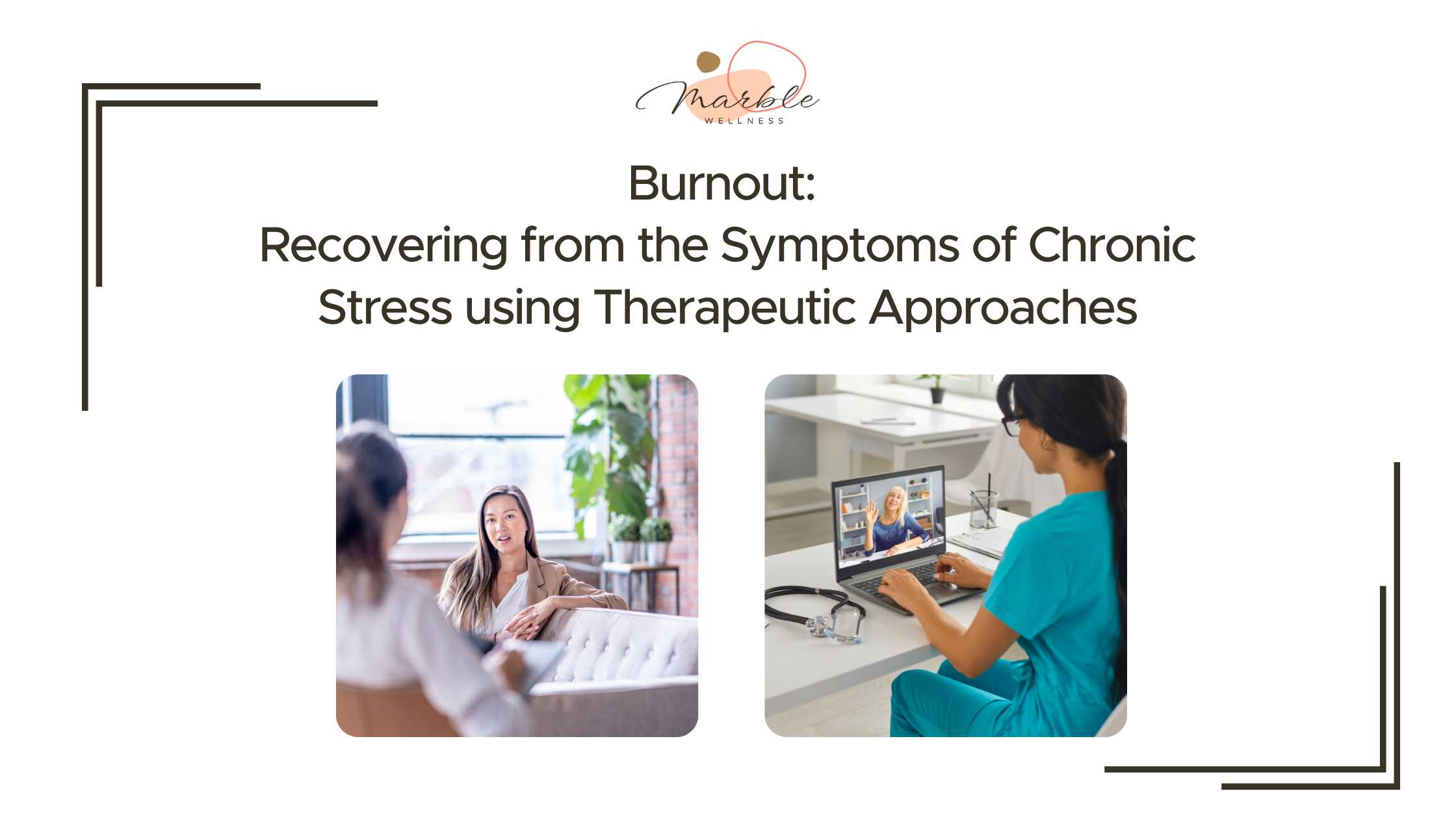 Blog post cover with professional adults looking stressed. Title "Burnout Recovering from the Symptoms of Chronic Stress using Therapeutic Approaches from a St. Louis, MO Therapist"