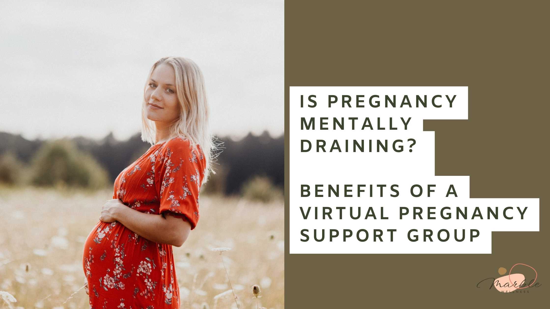 Pregnant woman smiling in a field. Blog post title "Is pregnancy mentally draining Benefits of a Virtual Pregnancy Support Group" written by a Missouri doula offering online support groups in Missouri, Illinois, Kansas, and beyond.