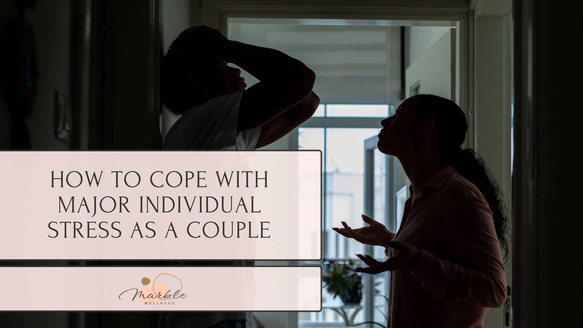 Shadowed figures of a couple in a doorway arguing, with text: "How to cope with major individual stress as a couple." Get couples therapy and TTC group support in Missouri here.