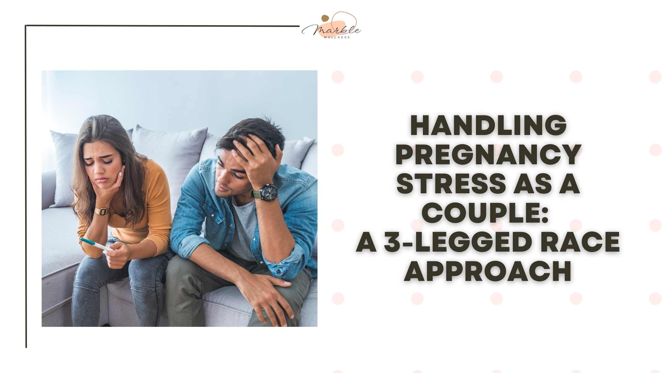 Blog post cover with stressed pregnant couple with title "Handling Pregnancy Stress as a Couple: A 3-Legged Race Approach" from a Missouri doula hosting virtual support groups via online group for pregnant moms in St. Louis, Illinois, Kansas, and beyond.