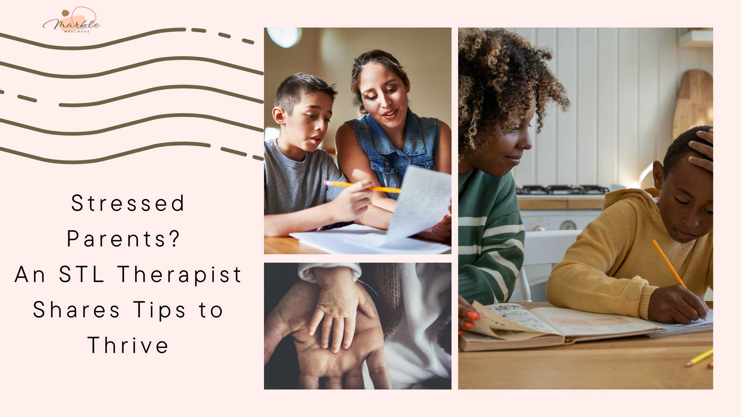 Photos of parents trying to help their children with homework and other back to school tasks. Parents are more stressed than ever, so read this STL therapist blog for tips to thrive!