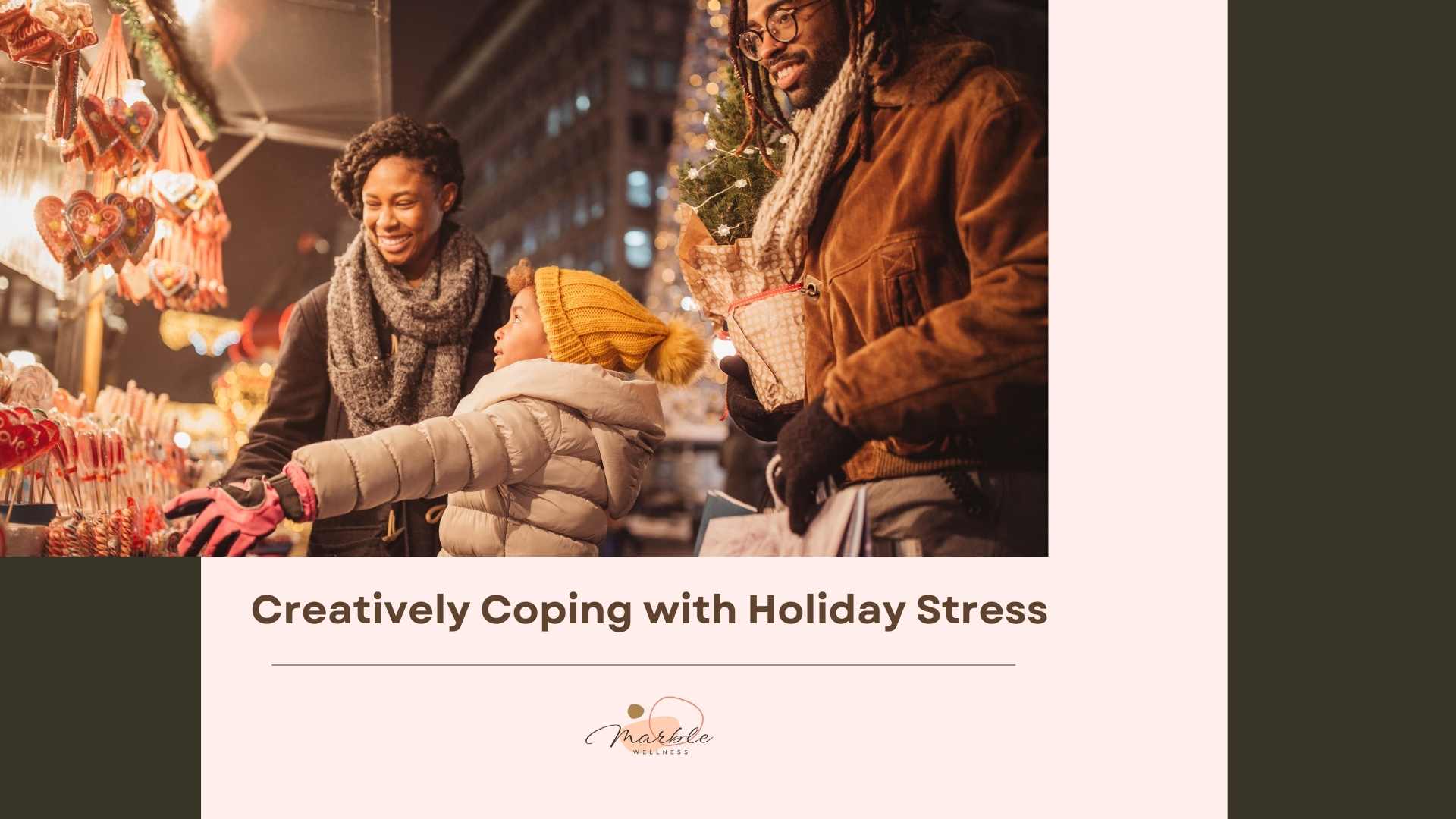 Holiday gathering with text "Creatively Coping with Holiday Stress" from a STL therapist for moms