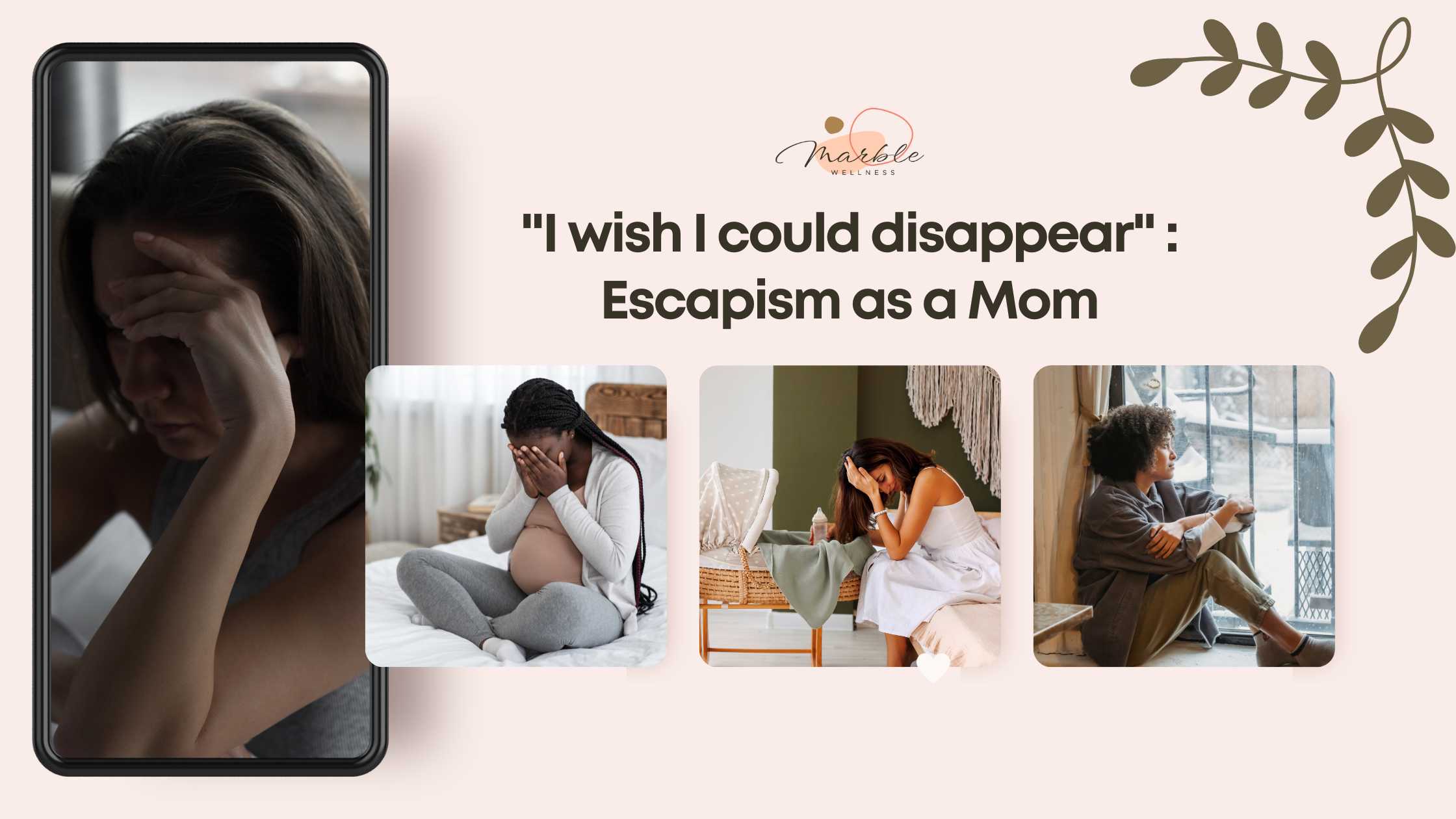 Moms reading, looking upset and burnt out. Text "I wish I could disappear Escapism as a Mom"