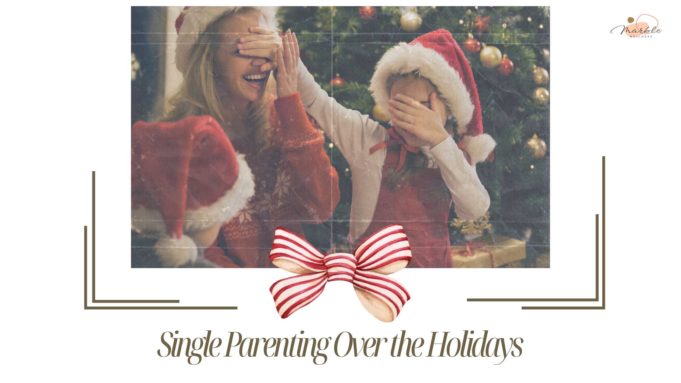 Mom and kids looking joyful around the Christmas tree with Santa hats on. Single Parenting Over the Holidays, tips from a STL Therapist helping folks with Divorce Grief and Dealing with Divorce.