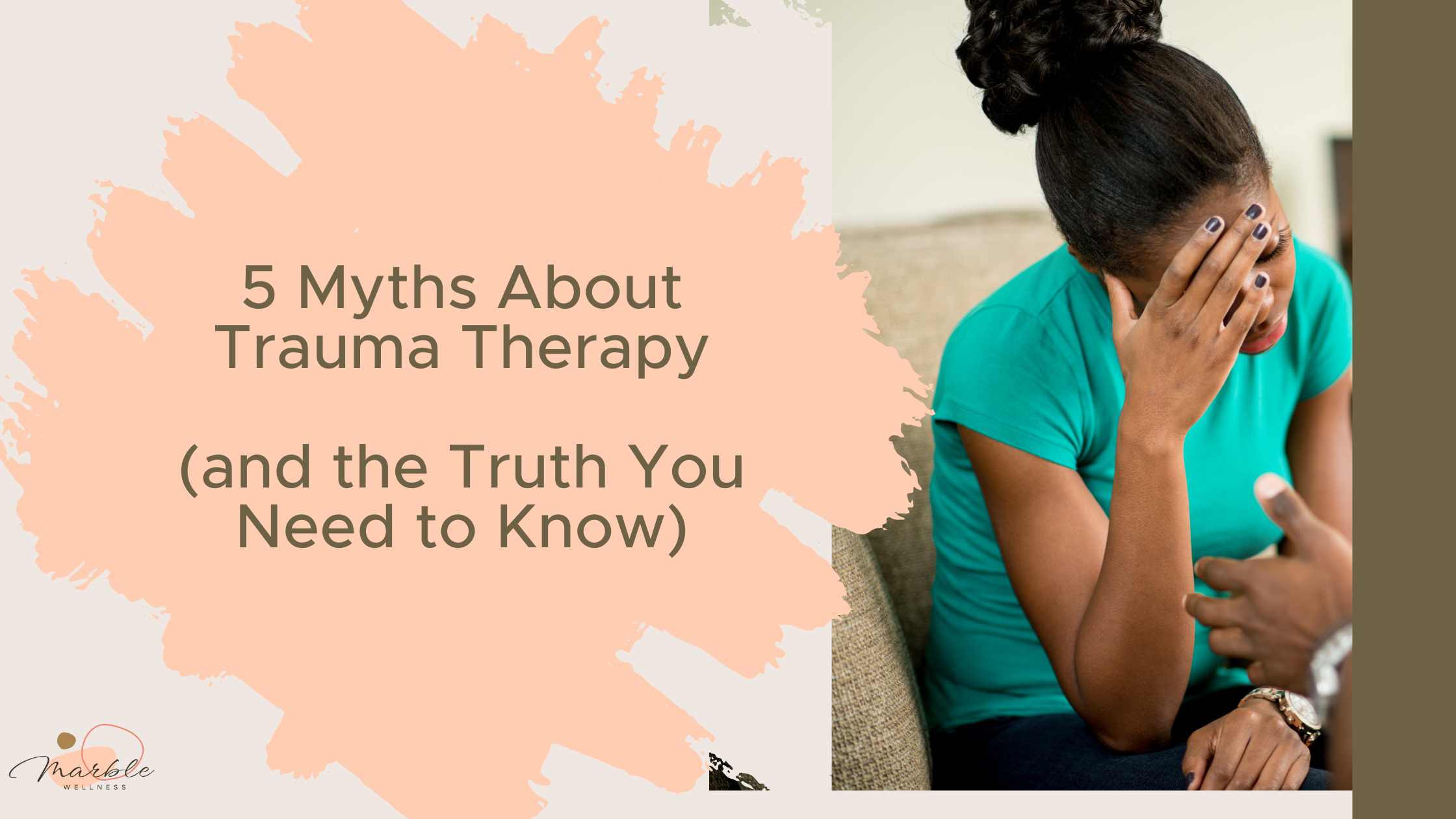 Woman sitting in a chair with her hand on her head, looking upset. Blog post title "5 Myths About Trauma Therapy (and the Truth You Need to Know)" written by a greater St. Louis area therapist dealing with trauma therapy, PTSD treatment, and EMDR in-person or virtually.