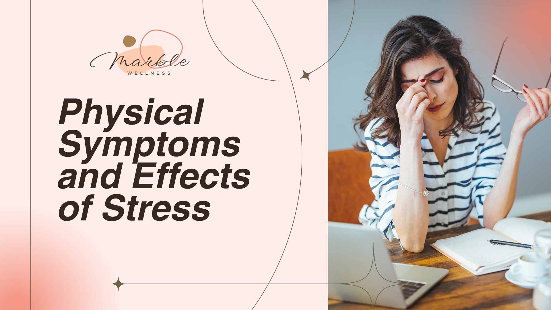 Woman looking upset and stressed, with her hand on her head. Text: "Physical Symptoms and Effects of Stress" from a Ballwin, MO therapist for stress, anxiety, and burnout.