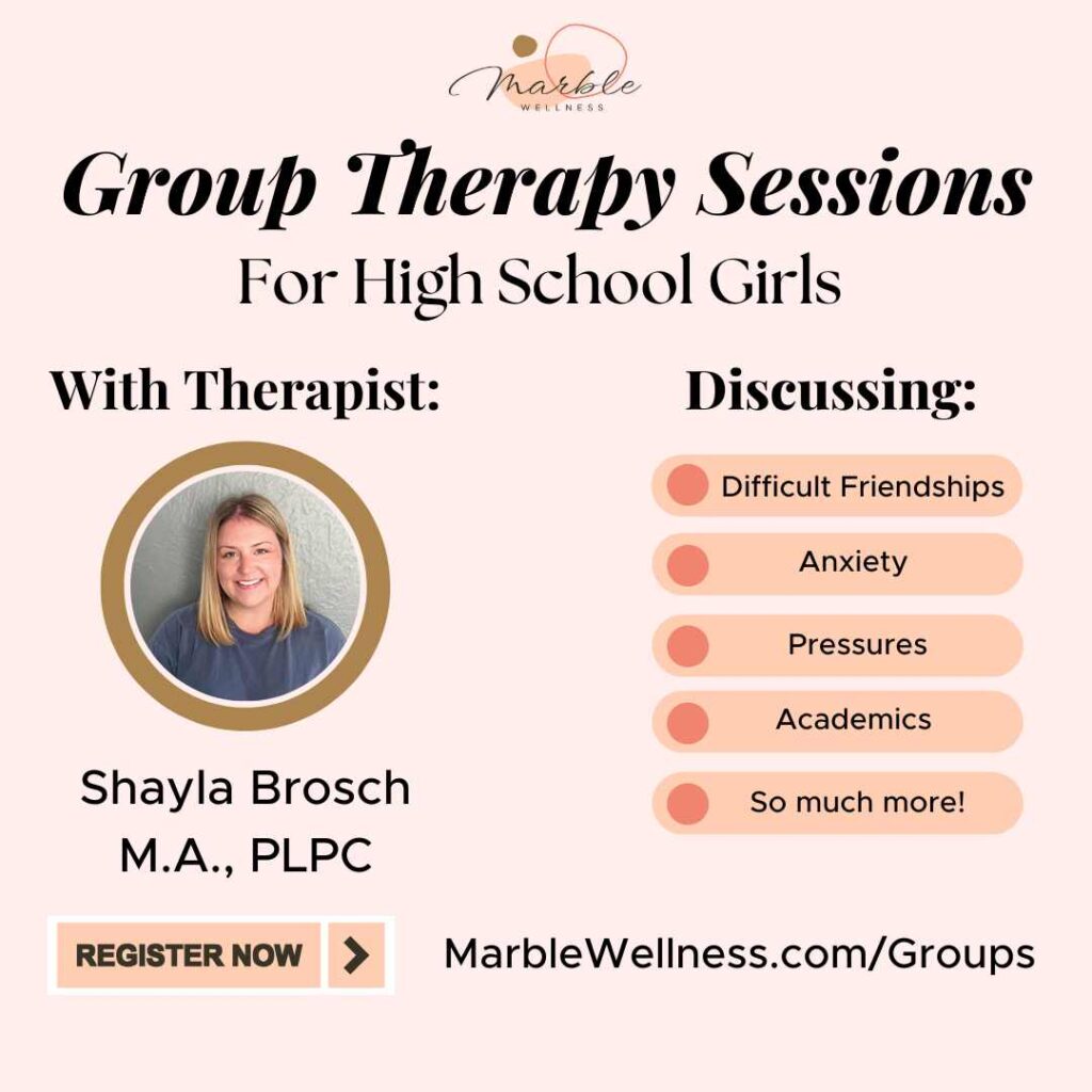 Image of the Marble Wellness Group Therapy Sessions for High School Girls with teen therapist Shayla Brosch. 