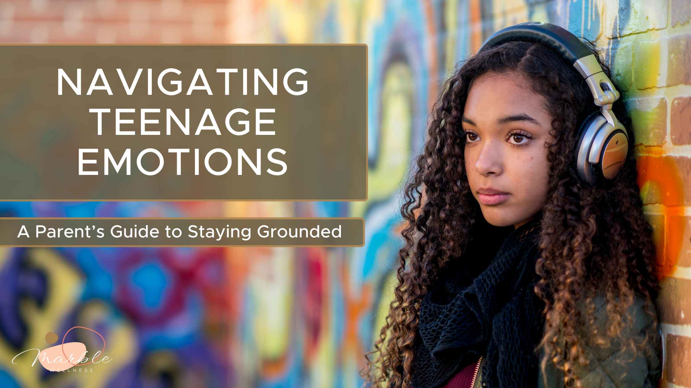 Teen girl standing against a vibrant brigck wall background with headphones on. Blog post title "Navigating Teenage Emotions A Parent’s Guide to Staying Grounded" from a teen therapist in Ballwin, MO helping parents of teenagers deal with teen emotions.