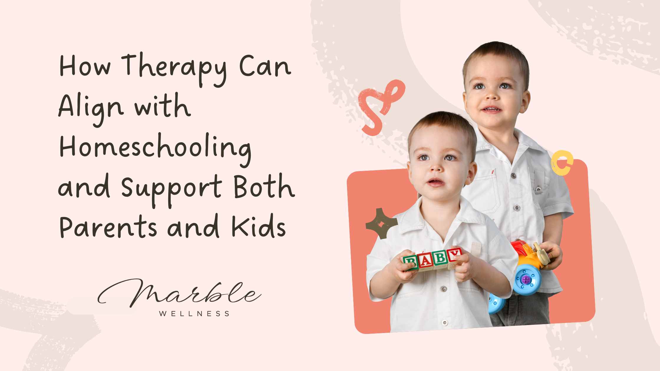 Two kids with small blocks in their hands. Text reads "How Therapy Can Align with Homeschooling and Support Both Parents and Kids" blog by Ballwin, MO play therapists for child therapy for homeschoolers and preschoolers.