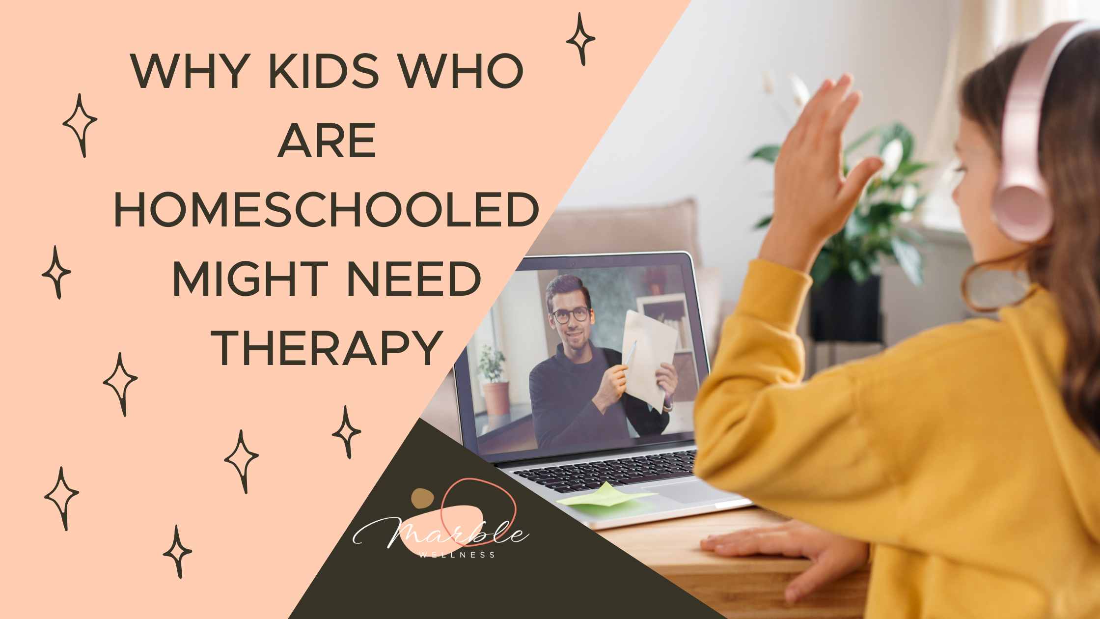 Child with headphones on in front of a web based learning module with text "Why Kids Who Are Homeschooled Might Need Therapy" from a Ballwin, MO child therapist specializing in Play Therapy for St. Louis, MO children.