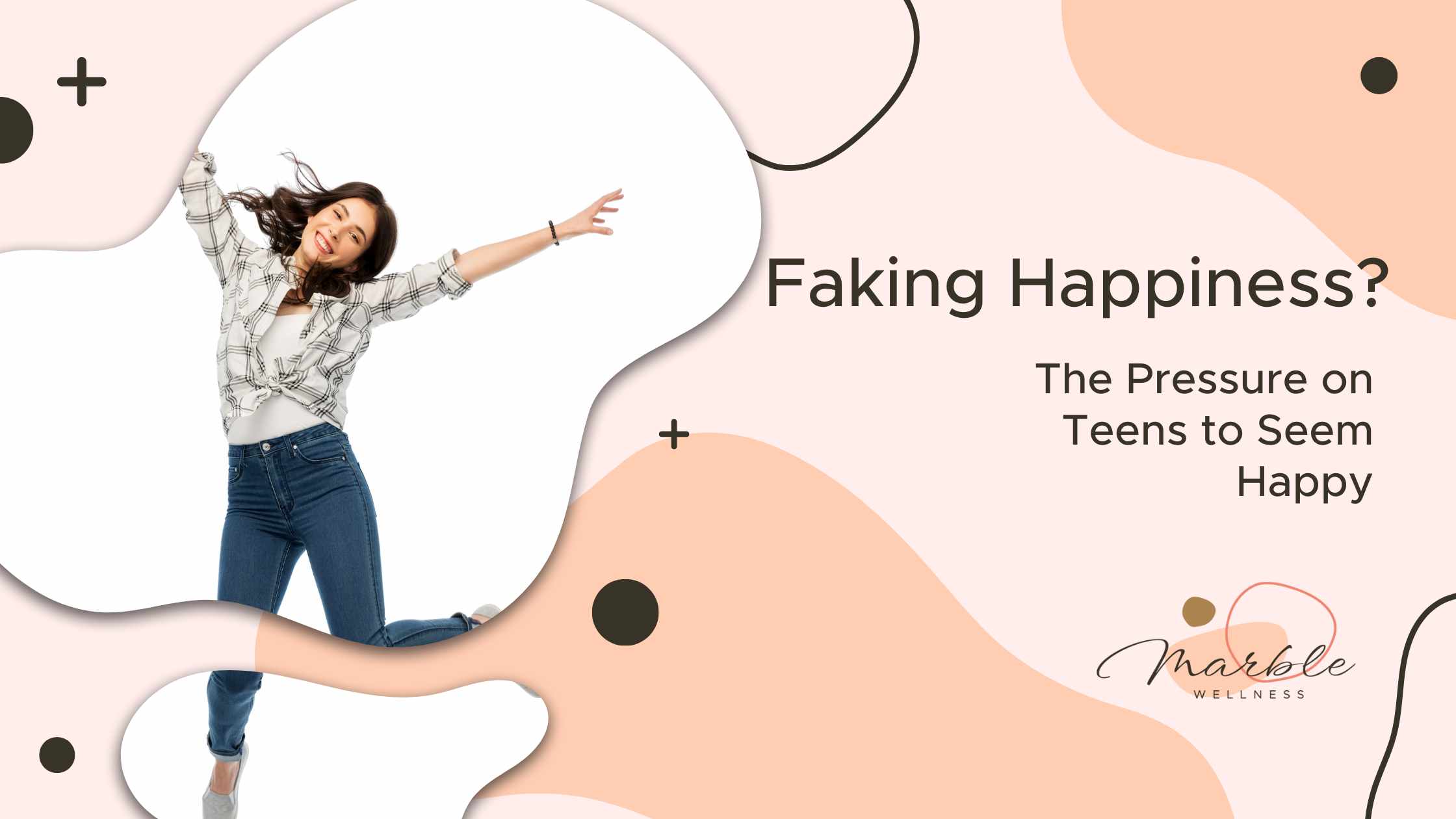 Jumping teen looking happy with text "Faking Happiness The Pressure on Teens to Seem Happy" from a St. Louis area therapist for teens. Get help with teen counseling and therapy for teens in Ballwin, MO here.