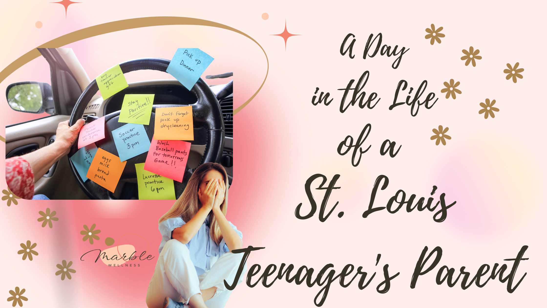 Busy photos with overwhelmed mom and text: "A Day in the Life of a St. Louis Teenager's Parent"